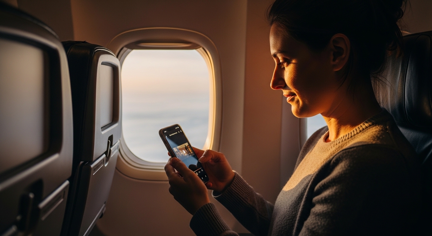 Person watching offline video on a plane
